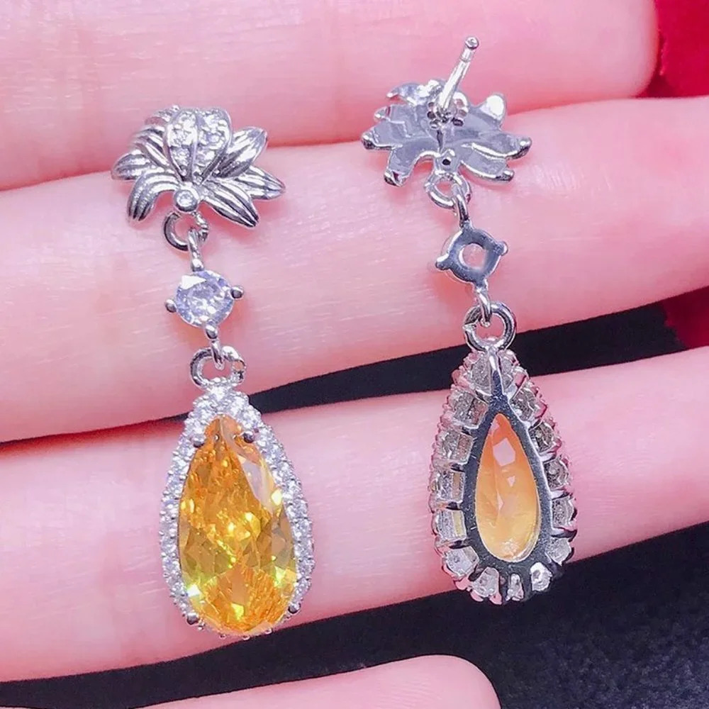 925 Silver Pear Cut Flower Shaped Yellow Earrings, FB16FA1041